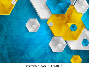 Colorful hexagons abstract geometric background with grunge texture. Vector design