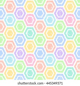 Colorful hexagons with white splash or blobs texture seamless vector pattern. Geometric multicolor abstract background. Polygons with uneven spots, specks, blots texture.