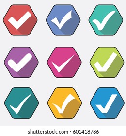 Colorful hexogen check marks flat icon set