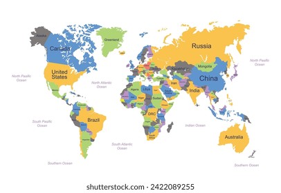 Colorful Hi detailed Vector world map complete with all countries names and ocean names