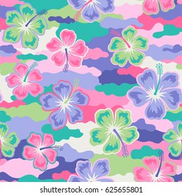 Colorful hibiscus camouflage seamless pattern background