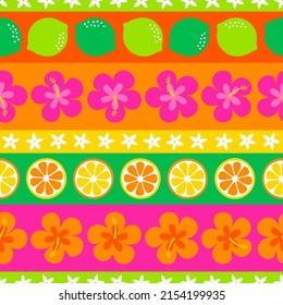 Colorful hibiscus and citrus fruit seamless pattern with striped background for summer holidays concept.