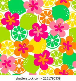 Colorful hibiscus flower with citrus fruit seamless pattern for summer holidays background.