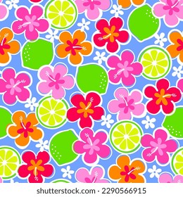 Colorful hibiscus flower with citrus fruit seamless pattern for summer holidays background.