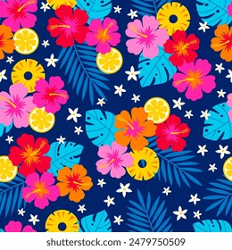 Colorful hibiscus flower, fruit and tropical leaf seamless pattern design for summer holidays background.