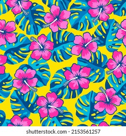 Colorful hibiscus flower with monstera leaf seamless pattern for summer holidays background.