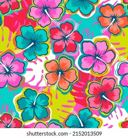 Colorful hibiscus flower with monstera seamless pattern for summer holidays background.