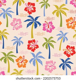 Colorful hibiscus flower palm tree and wave seamless pattern