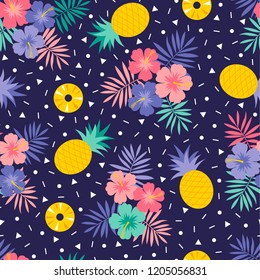 Colorful hibiscus flower, pineapple and palm leaf seamless pattern with geometric background.