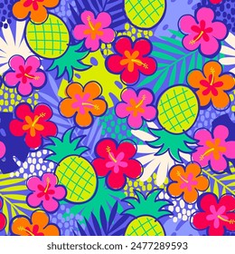 Colorful hibiscus flower, pineapple and tropical leaf seamless pattern design for summer holidays background.