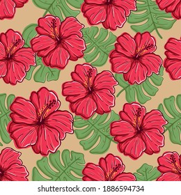 colorful hibiscus flower seamless pattern with hand drawing or sketch style