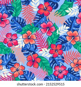 Colorful hibiscus flower with tropical leaf seamless pattern for summer holidays background.