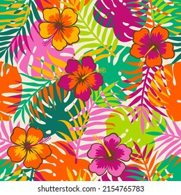 Colorful hibiscus flower with tropical leaf seamless pattern for summer holidays background.