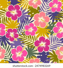 Colorful hibiscus flower with tropical leaf seamless pattern design for summer holidays background.