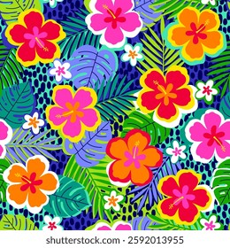 Colorful hibiscus flower with tropical leaf seamless pattern design for summer holidays background.