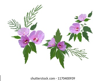 Colorful hibiscus flowers and leaves in hand drawn style. Fabric print. Floral design for  poster, card, invitation and scrapbook.
