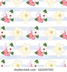 Colorful hibiscus flowers seamless pattern on striped textured background