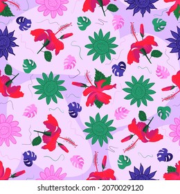 Colorful hibiscus flowery symmetric artwork tile for linen fabrics, interior redecoration, toggery, curtain, bolster with allover continuous pattern.