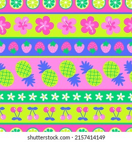 Colorful hibiscus and fruit seamless pattern with striped background for summer holidays concept.