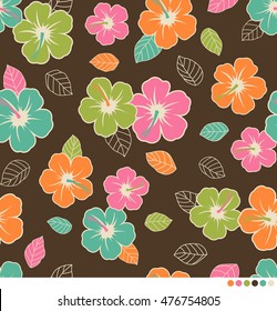 Colorful hibiscus and leaf pattern background