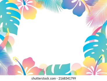 Colorful hibiscus and monstera tropical frame