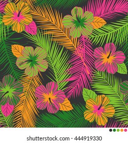Colorful hibiscus and palm leaf pattern vector background