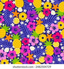 Colorful hibiscus, palm leaf, pineapple, starfish and shell seamless pattern design for summer holidays background.