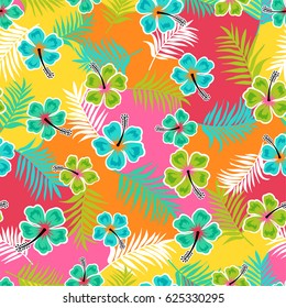 Colorful hibiscus and palm leaf seamless pattern vector