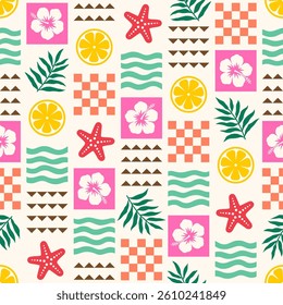 Colorful hibiscus, palm leaf, starfish, lemon, wave with grid styled pattern design for summer holidays background.