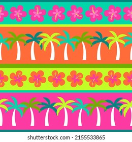 Colorful hibiscus and palm tree seamless pattern with striped background for summer holidays concept.