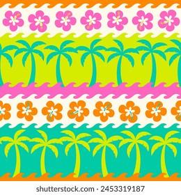 Colorful hibiscus and palm tree seamless pattern with wave striped background design for summer holidays concept.