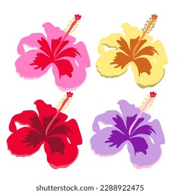 Colorful of hibiscus rosa-sinensis flower vector. Vector of hibiscus rosa-sinensis flowers on white background for design. Embroidery floral pattern. Flora and isolated botany plant with petal.