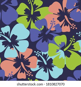 colorful hibiscus seamless pattern with dark blue background