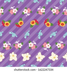 Colorful hibiscus seamless pattern on purple diagonal stripes