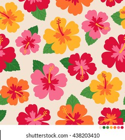 Colorful hibiscus seamless vector pattern.