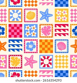 Colorful hibiscus, starfish, seashell, sun, monstera leaf with square pattern design for summer holidays background.