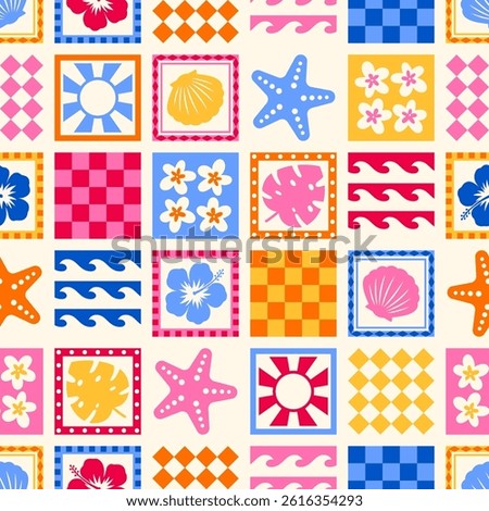 Colorful hibiscus, starfish, seashell, sun, monstera leaf with square pattern design for summer holidays background.