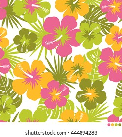 Colorful hibiscus and tropical leaf pattern vector background