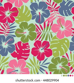 Colorful hibiscus and tropical leaf pattern vector background