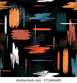 Colorful high contrast brush stroke elements seamless pattern in vector EOPS10. Contemporary modern art decoration.Design for fashion,fabric,web,wallpaper,wrapping and all prints on black.