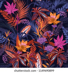 Colorful high contrast Summer night wild forest full of  blooming flower in many kind of floral seamless pattern vector ,hand drawing style for fashion, fabric and all prints on navy blue background.