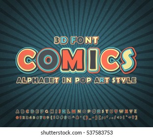 Colorful high detail comic font on comic book page. Alphabet in style of comics, pop art. Multilayer funny letters and figures for decoration of kids' illustrations, posters, strip, banners