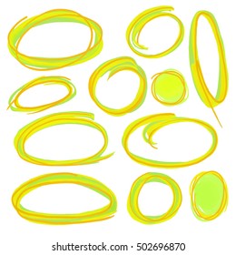 Colorful highlight round stripes, circle banners drawn with school markers. Stylish highlight elements for design. Vector highlight marker spots bright color.