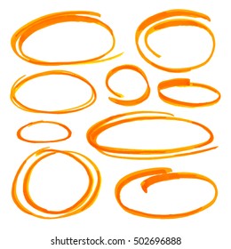Colorful highlight round stripes, circle banners drawn with school markers. Stylish highlight elements for design. Vector highlight marker spots bright color.