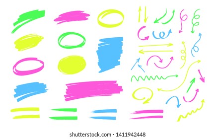 Colorful highlighter doodles isolated on white background. Round and rectangular frames for text, lines and arrows drawn with markers. Yellow, green, pink and blue markers. Artistic design elements