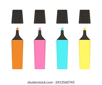 Colorful highlighter marker pens flat illustration set. Office and school supplies.