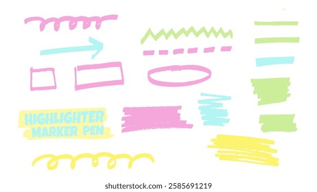 Colorful highlighter pen scribble line and shape. Hand drawn doodle set grunge texture. Template pencil colorful drawings