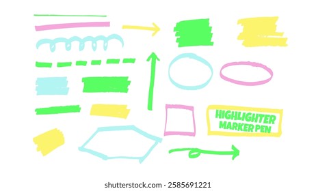 Colorful highlighter pen scribble line and shape. Hand drawn doodle set grunge texture. Template pencil colorful drawings