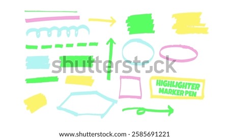 Colorful highlighter pen scribble line and shape. Hand drawn doodle set grunge texture. Template pencil colorful drawings