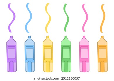 colorful highlighter pen set, markers on white background, back to school, school, office supplies, drawing, violet, blue, yellow, green, pink, orange, vector illustration